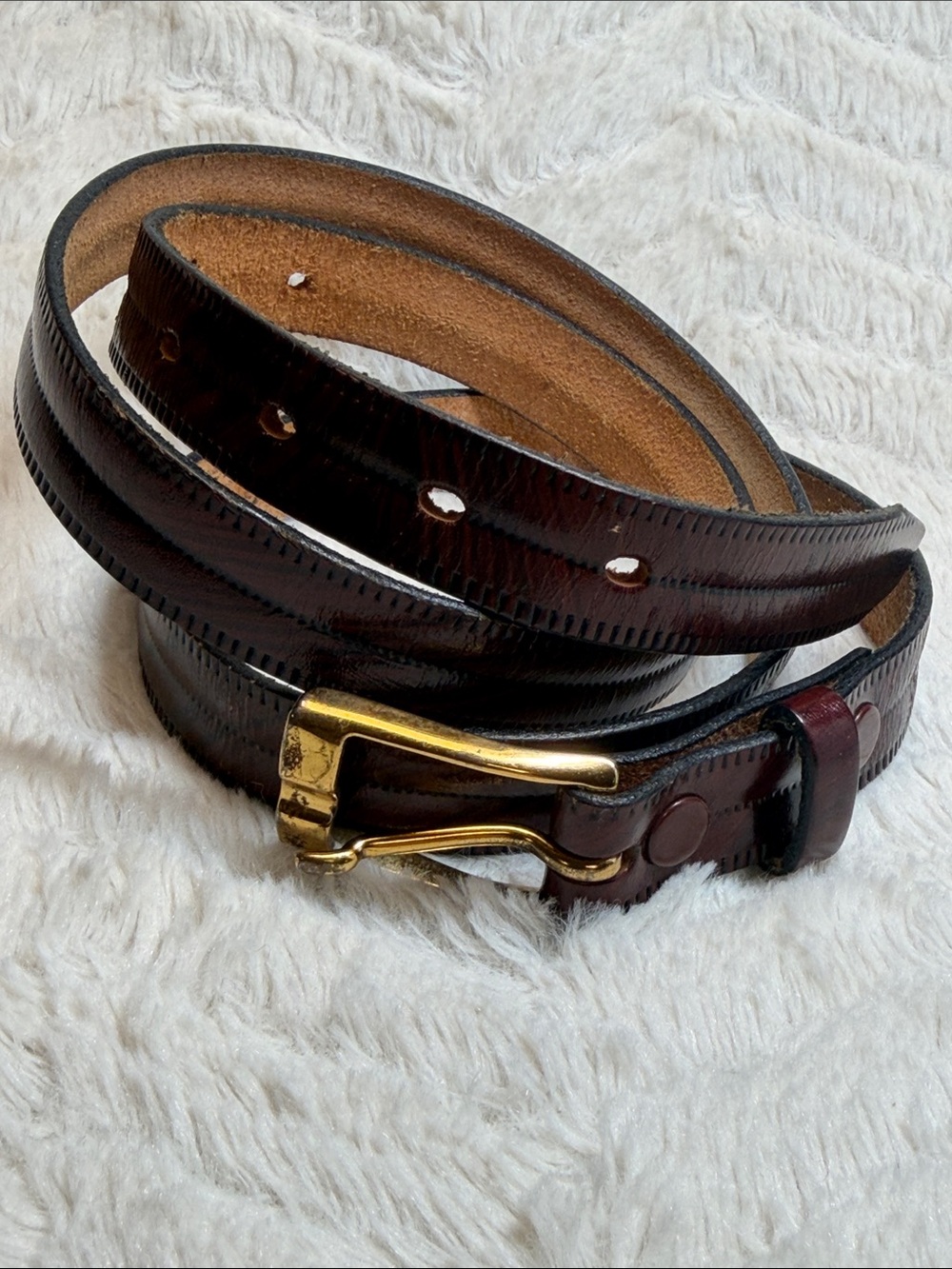 Burleigh vintage brown steer hide leather skinny belt with gold tone buckle 34